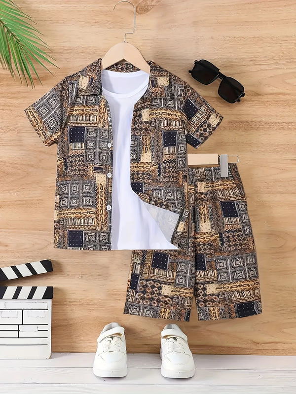 2pcs Boys’ Printed Shirt & Shorts Set – Trendy Casual Outfit