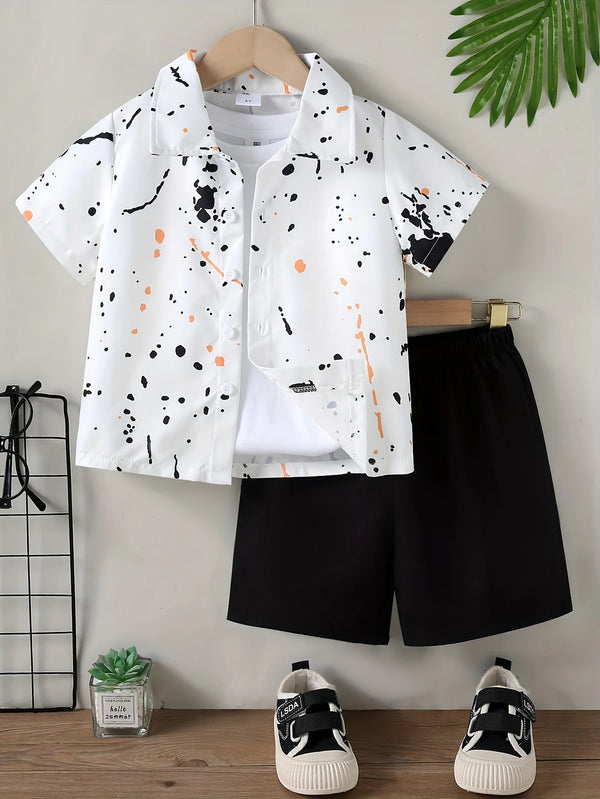 2pcs Boys’ Summer Set – Splashed Ink Print Shirt & Solid Color Shorts