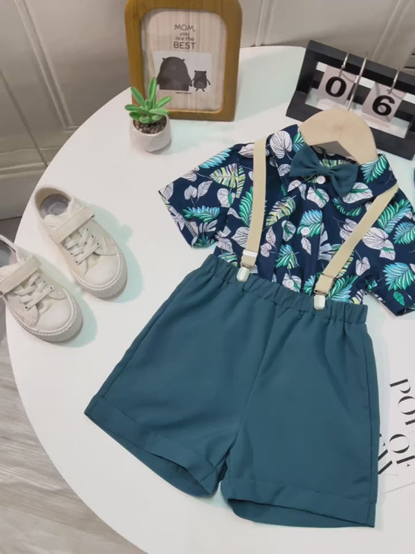 4pcs Baby Boys’ Casual Set – Printed Top, Shorts, Hat & Belt Included